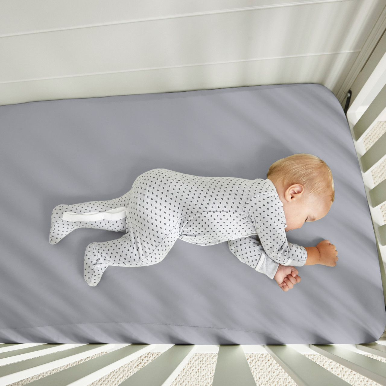 Crib Fitted Sheet Pair - Bedgear Dri-Tec - Moisture Wicking Fitted Sheets by Dri-Tec Technology, Baby Asleep, Light Grey Color