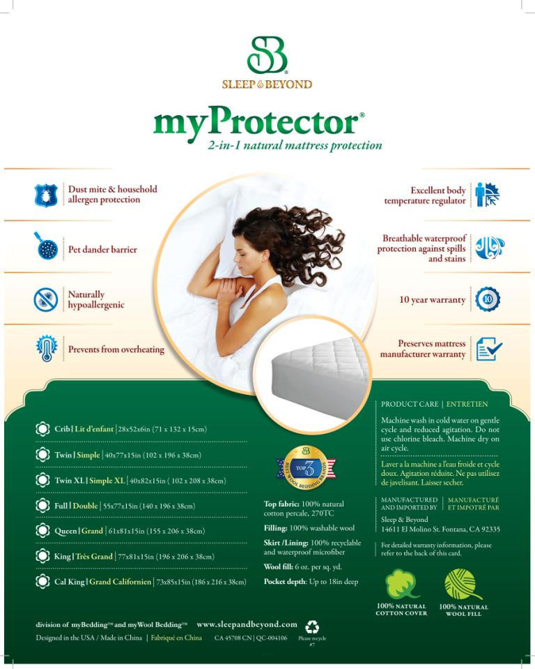 Upper Fleax King Sleep & Beyond myProtector™, 2-in-1 ultimate, washable, natural mattress protector features wool package