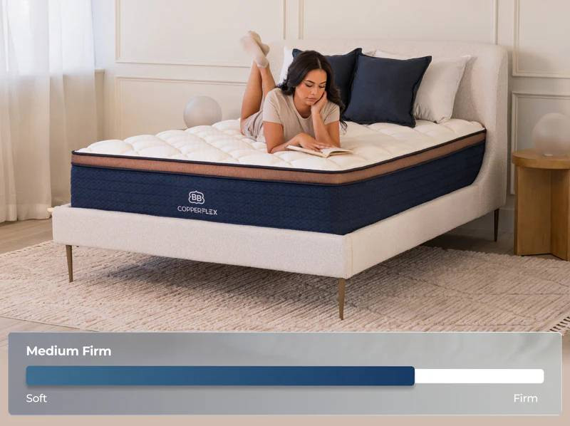 2026 CopperFlex Pro Hybrid Mattress W/FREE Bamboo Cotton Sheets, lady laying on mattress