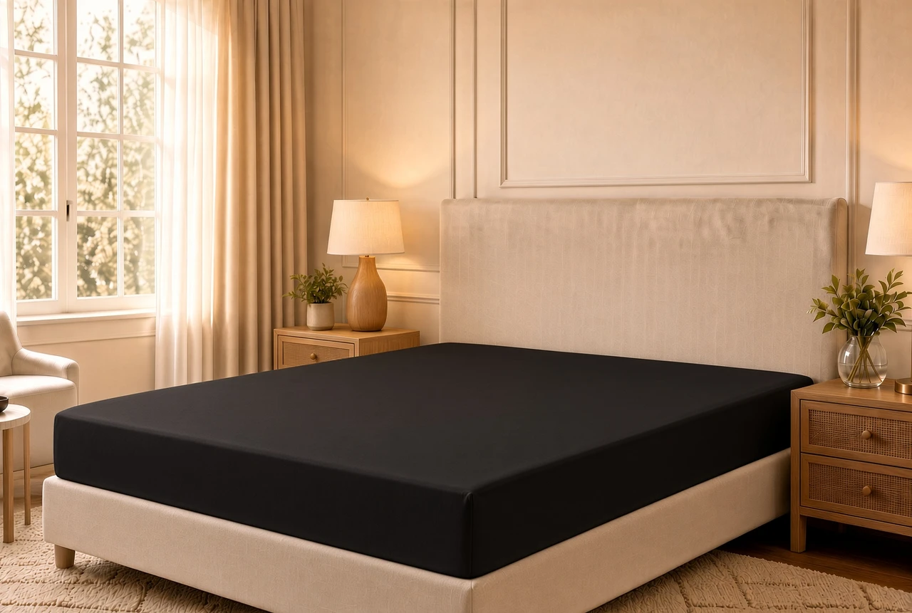 CozyFit 300TC Super Low Profile 6" - 9" 300TC Cotton Sateen Fitted Sheet Only - Made In The U.S.A., midnight black color