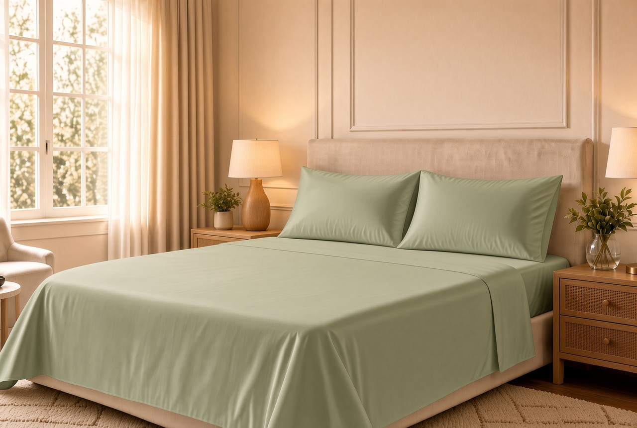 CozyFit 300TC Low Profile 9" - 12" 300TC Cotton Sateen Sheet Set - Made In The U.S.A. sage green color color