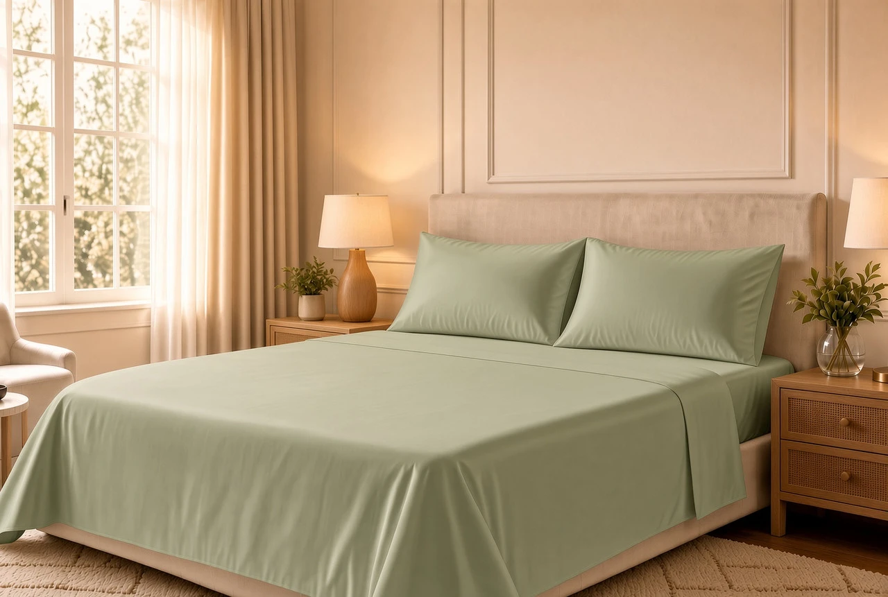 CozyFit 300TC Super Low Profile 6" - 9" 300TC Cotton Sateen Sheet Set - Made In The U.S.A. sage green color