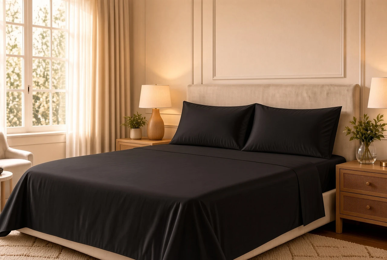 CozyFit 300TC Super Low Profile 6" - 9" 300TC Cotton Sateen Sheet Set - Made In The U.S.A. midnight black color