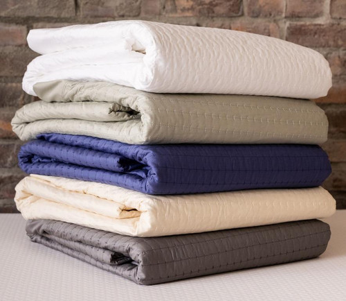 DreamFit Chill Innovations DreamChill Enhanced Bamboo Quilted Sheet Set All Colors Stacked Shot Number One Blue, Ivory, Sage, White & Gray Sheets