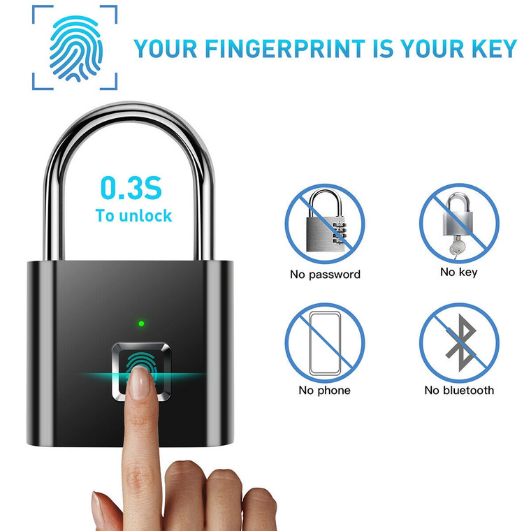 Keyless USB Rechargeable Door Lock Fingerprint Smart Padlock Quick Unlock Zinc alloy Metal Self Developing Chip