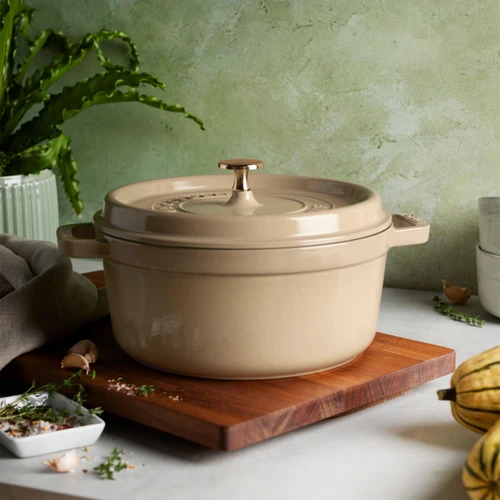 STAUB La Cocotte 3.7 L Cast Iron Round Cocotte, Sesame