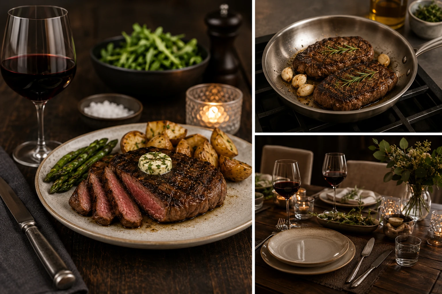 Steak dinner lifestyle collage with plated steak, cookware, wine glasses, dinnerware, and a warm entertaining table setting