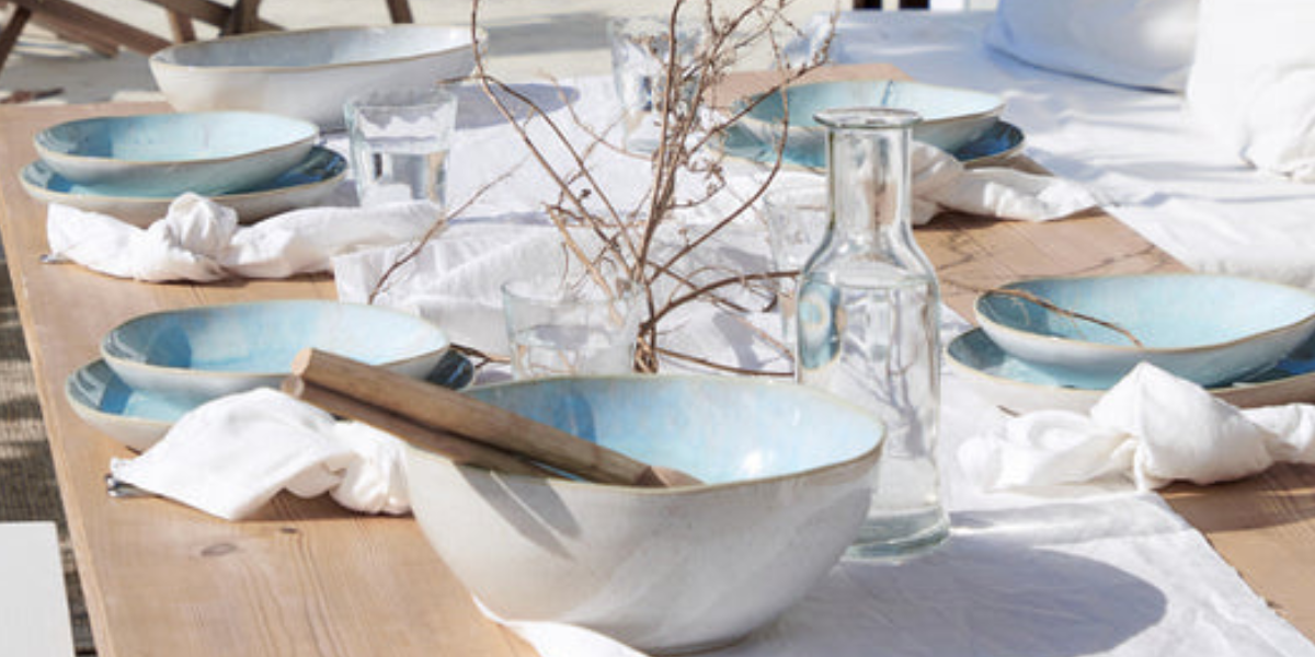 Eivissa Collection by Casafina Portuguese stoneware dinnerware in Sand Beige and Sea Blue