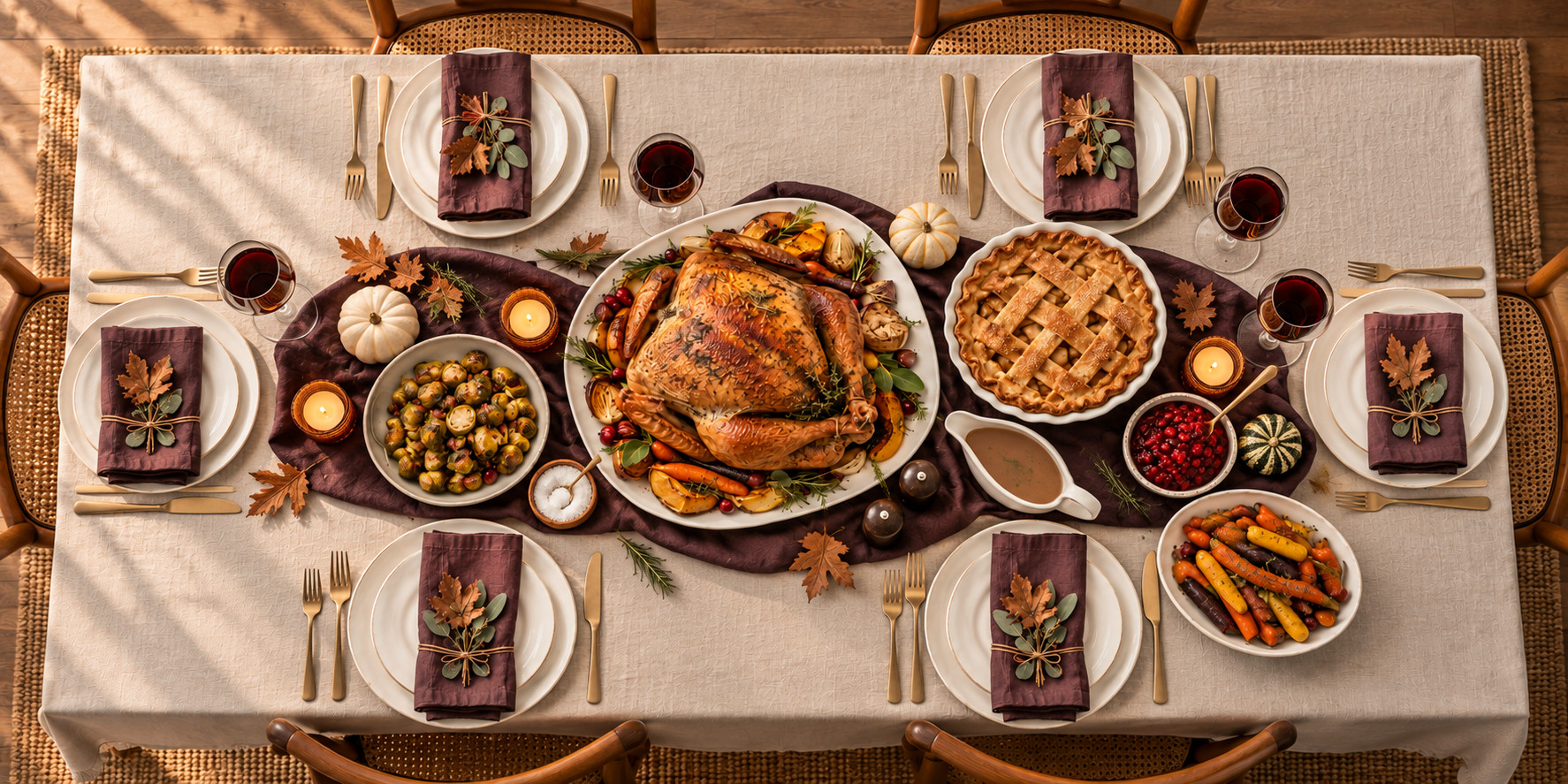 A Thanksgiving table set with roast turkey, pie, gravy and dinnerware