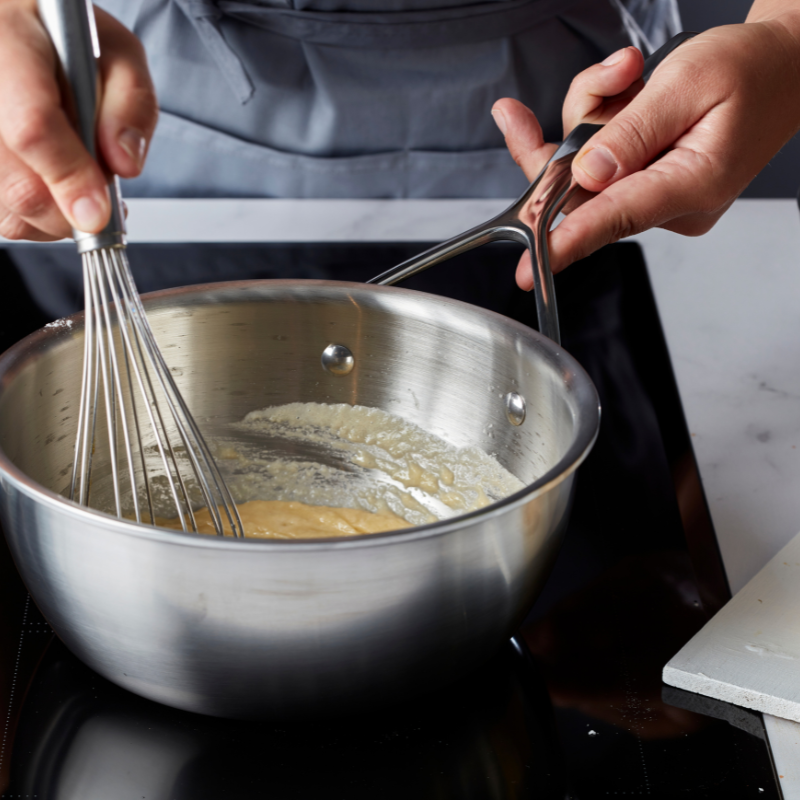 Demeyere and De Buyer saucepans with precision pouring