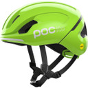 Green POC kids helmet with white logo