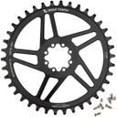 Black chainring with white writing and silver bolts