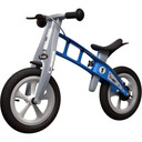Blue and silver balance bike with brake