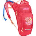 Red backpack with pink, red and yellow flowers