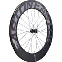 Black front bicycle wheel with grey logo