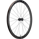 black front bicycle wheel with grey logos