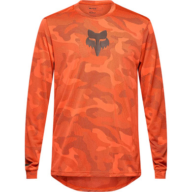 Orange long sleeve jersey with camo pattern and grey fox logo