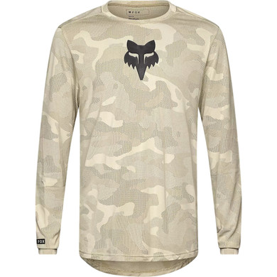 Cream long sleeve jersey with camo pattern and black fox head logo