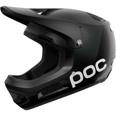 Black POC full face helmet with white logo