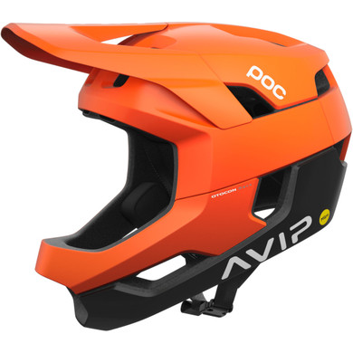 Orange and Black POC full face helmet with white logos
