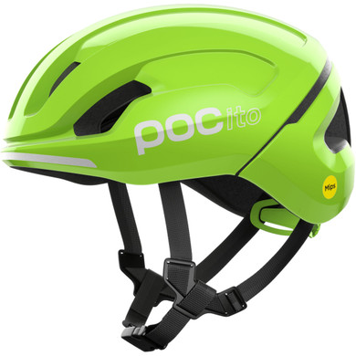 Green POC kids helmet with white logo