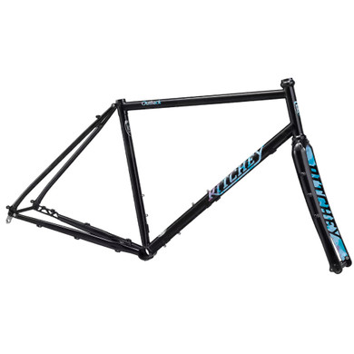 Black frame with black and blue fork and blue decals