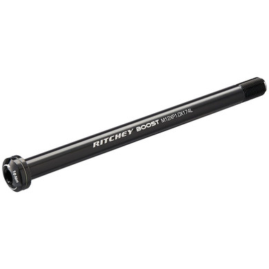 Black thru-axle with white logos