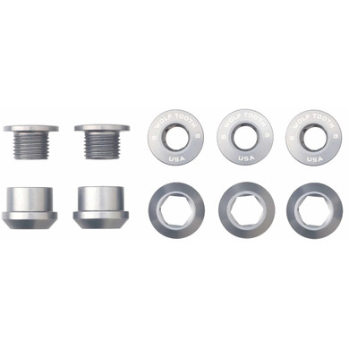 5 Silver chainring bolts with white logos