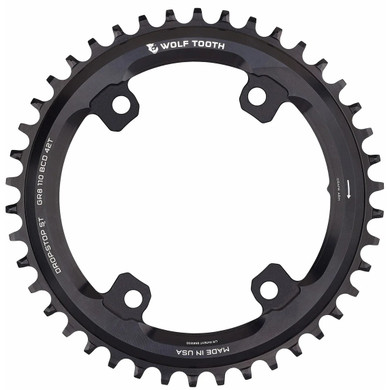 Black chainring with white logos