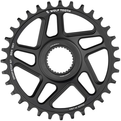 Black chainring with white decals