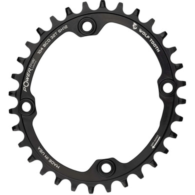 Black oval chainring with white logos