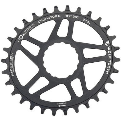 Black oval chainring with white decals