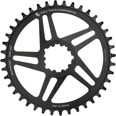 Black chainring with white decals