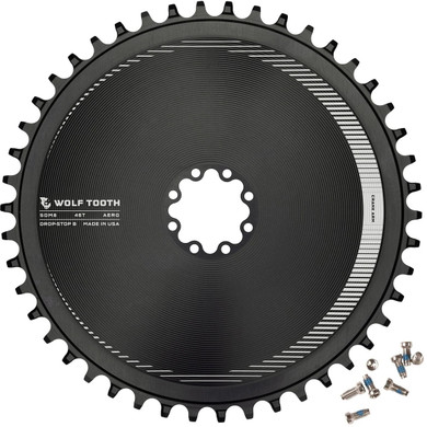 Black Aero chainring with white decals and logos