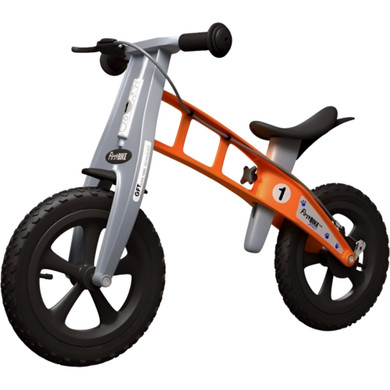 Orange and silver balance bike with brake