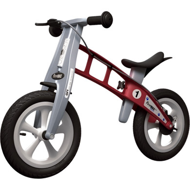 Red and silver balance bike with brake