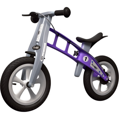 Purple and silver balance bike with brake