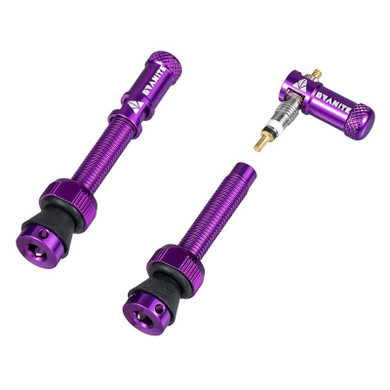 Purple valve stem with valve caps