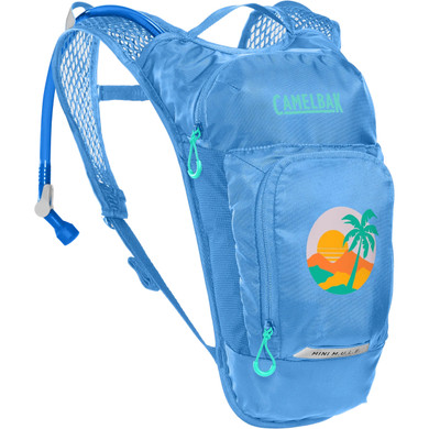 Blue backpack with yellow sunset and palm image