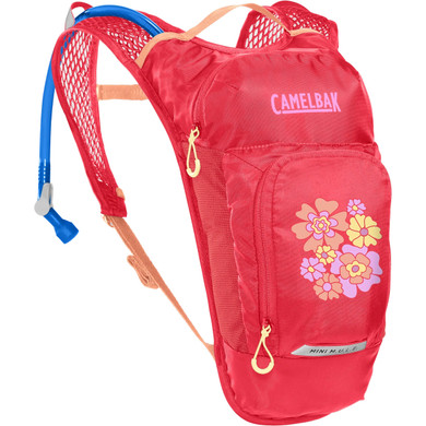 Red backpack with pink, red and yellow flowers