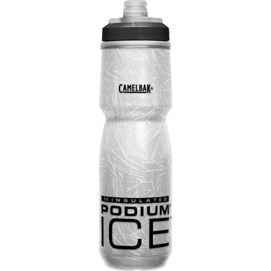 White bottle with black lid and black logos