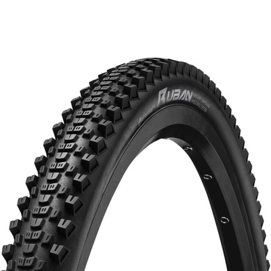 Black mountain bike tyre with grey logos