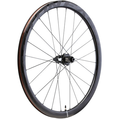 Black carbon rear bicycle wheel with grey logo