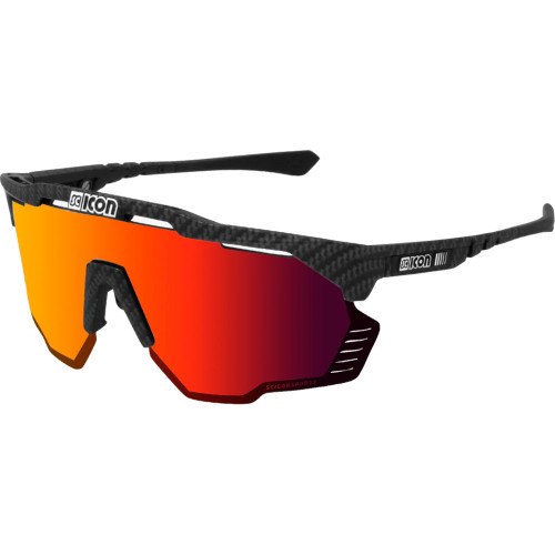 Carbon black scicon sunglasses with red mirror lens