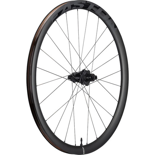 Black carbon rear bicycle wheel with grey logo Black carbon rear bicycle wheel with grey logo