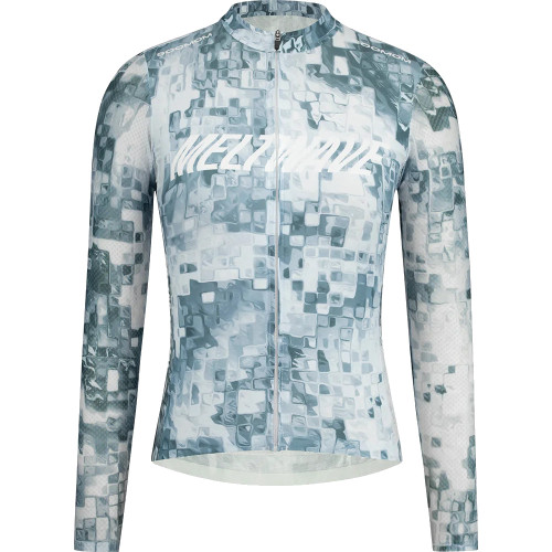 Green and blue long sleeve jersey with white logo