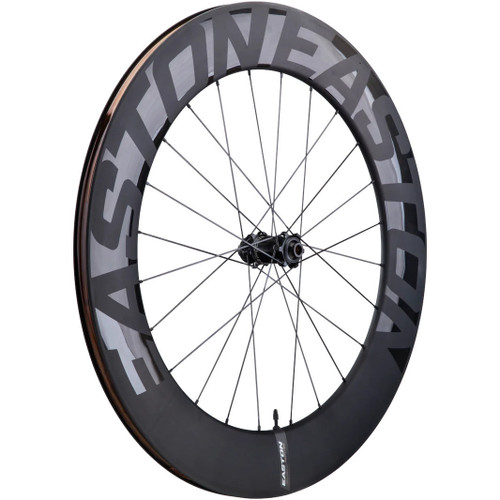 Black front bicycle wheel with grey logo