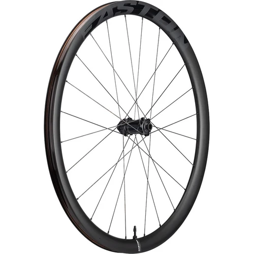 black front bicycle wheel with grey logos