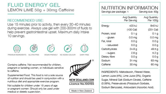 Pure Fluid Energy Gel 50g Lemon Lime Caffeine
