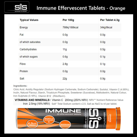 SIS Immune Effervescent Tablets x 20 Orange 4.3g
